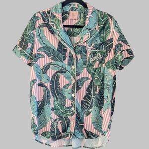 Show Me Your Mumu x Barbie Pajama Shirt S Tropical Striped Palm Print Pink Green